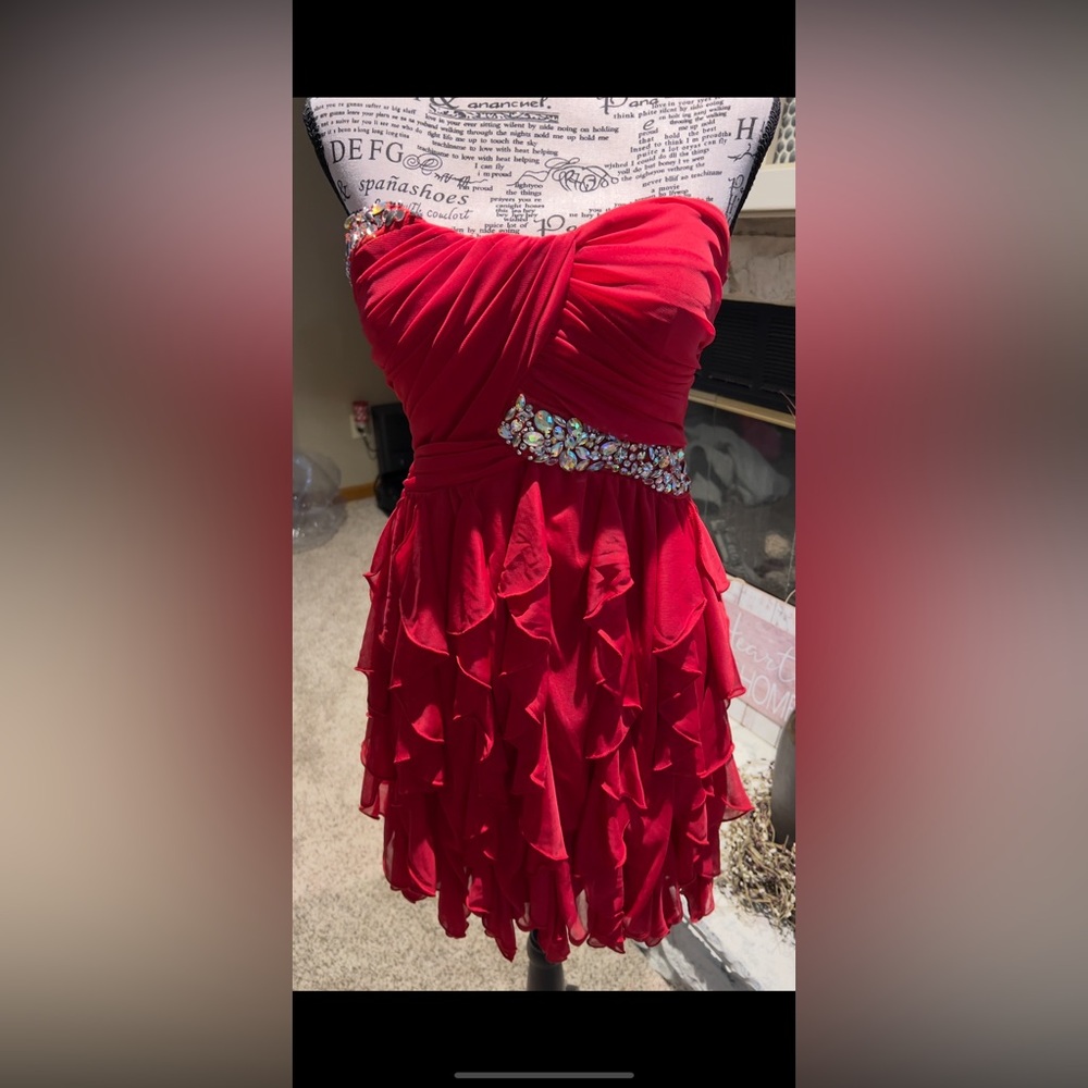 Deb Red Ruffled Dress with Gem Detail
